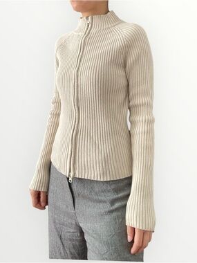 Vintage Nevada Double Zip Cream Ribbed Sweater Size S